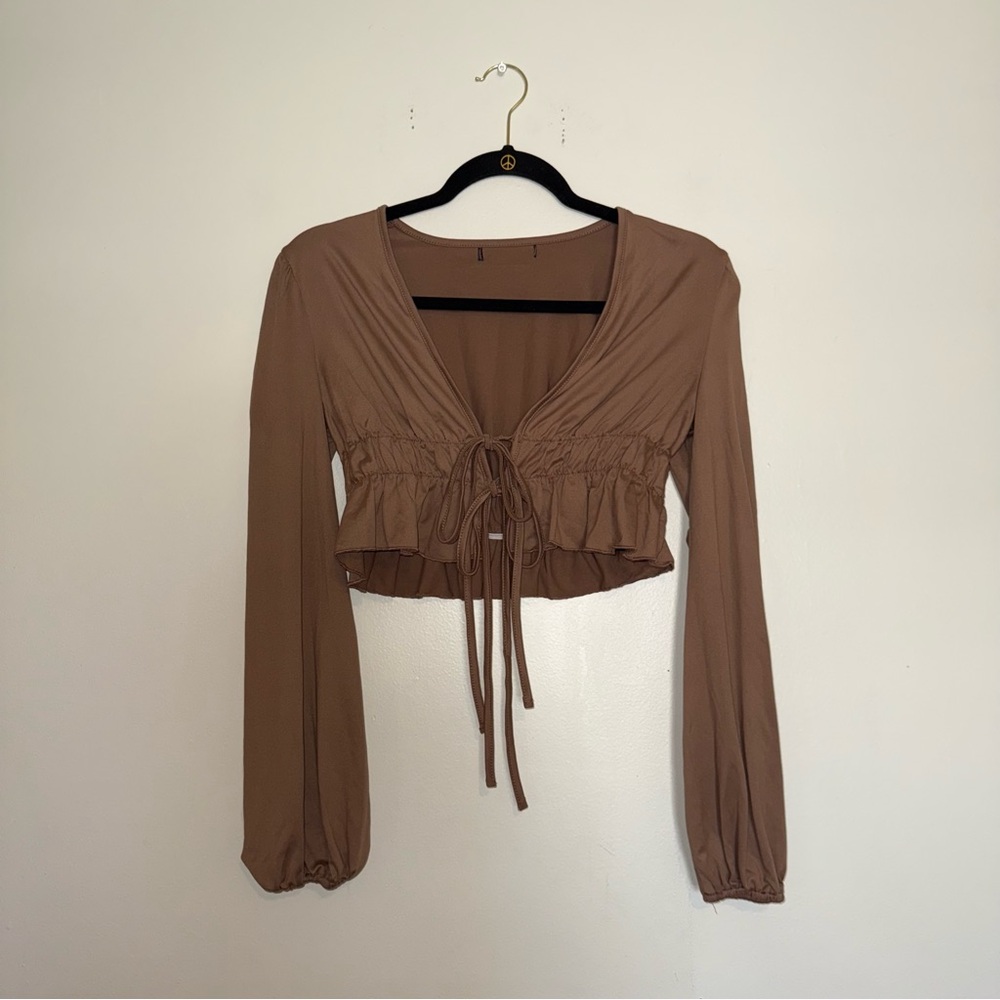 Long Sleeve Brown V-Neck Blouse